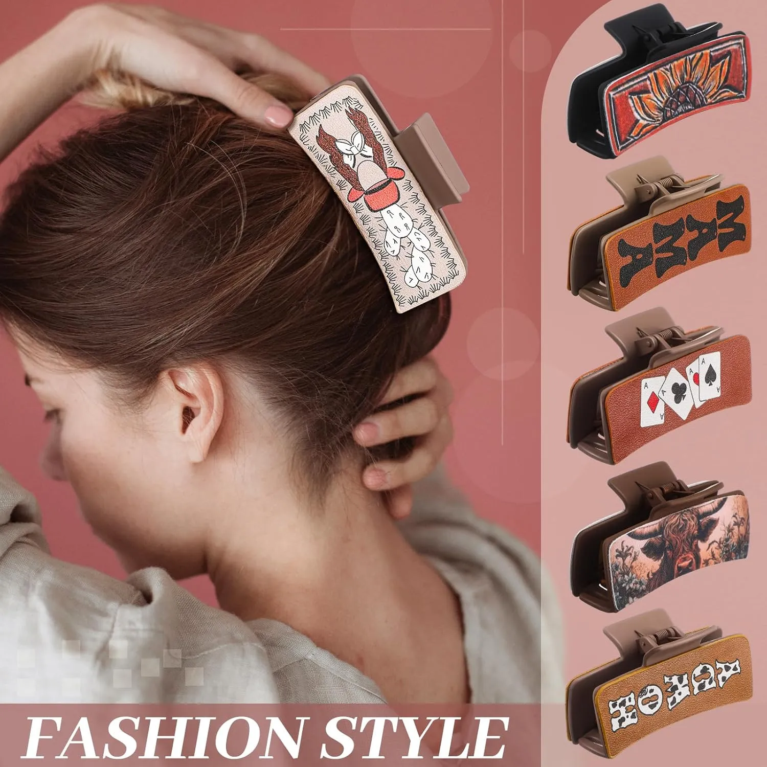8 Pcs Western Hair Claw Clips Gifts Leather Highland Cow Print Large Hair Claw Clips Western Accessories Christmas Supplies for Women Long Short Hairstyle Gifts(Highland)