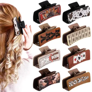 8 Pcs Western Hair Claw Clips Gifts Leather Highland Cow Print Large Hair Claw Clips Western Accessories Christmas Supplies for Women Long Short Hairstyle Gifts(Highland)