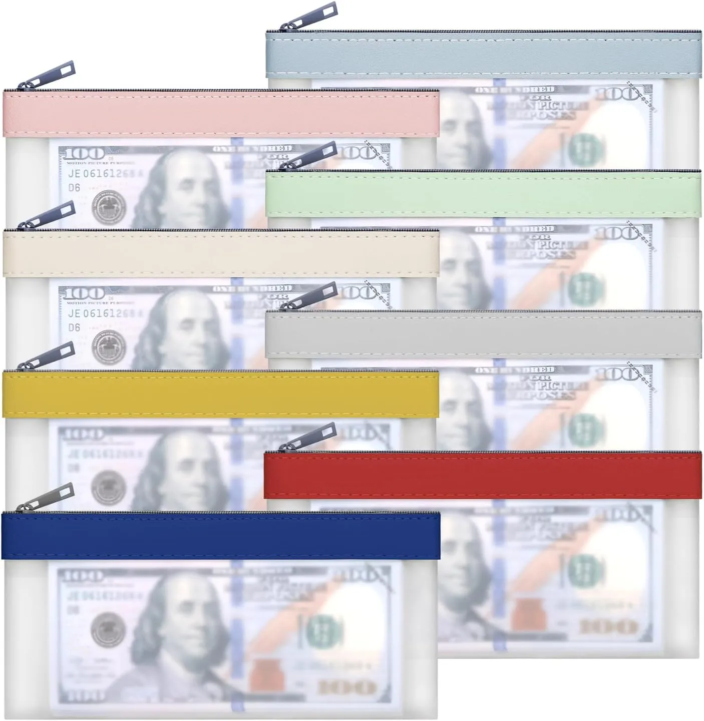 8 Pieces Money Bags with Zipper, Cash Envelopes,7.6 x 3.7 inch Money Pouch, Clear Bank Deposit Bags, Bank Bag, Cash Bag, Coin Bag for Collectors, Multi-Purpose Check Wallet （8 Colours）