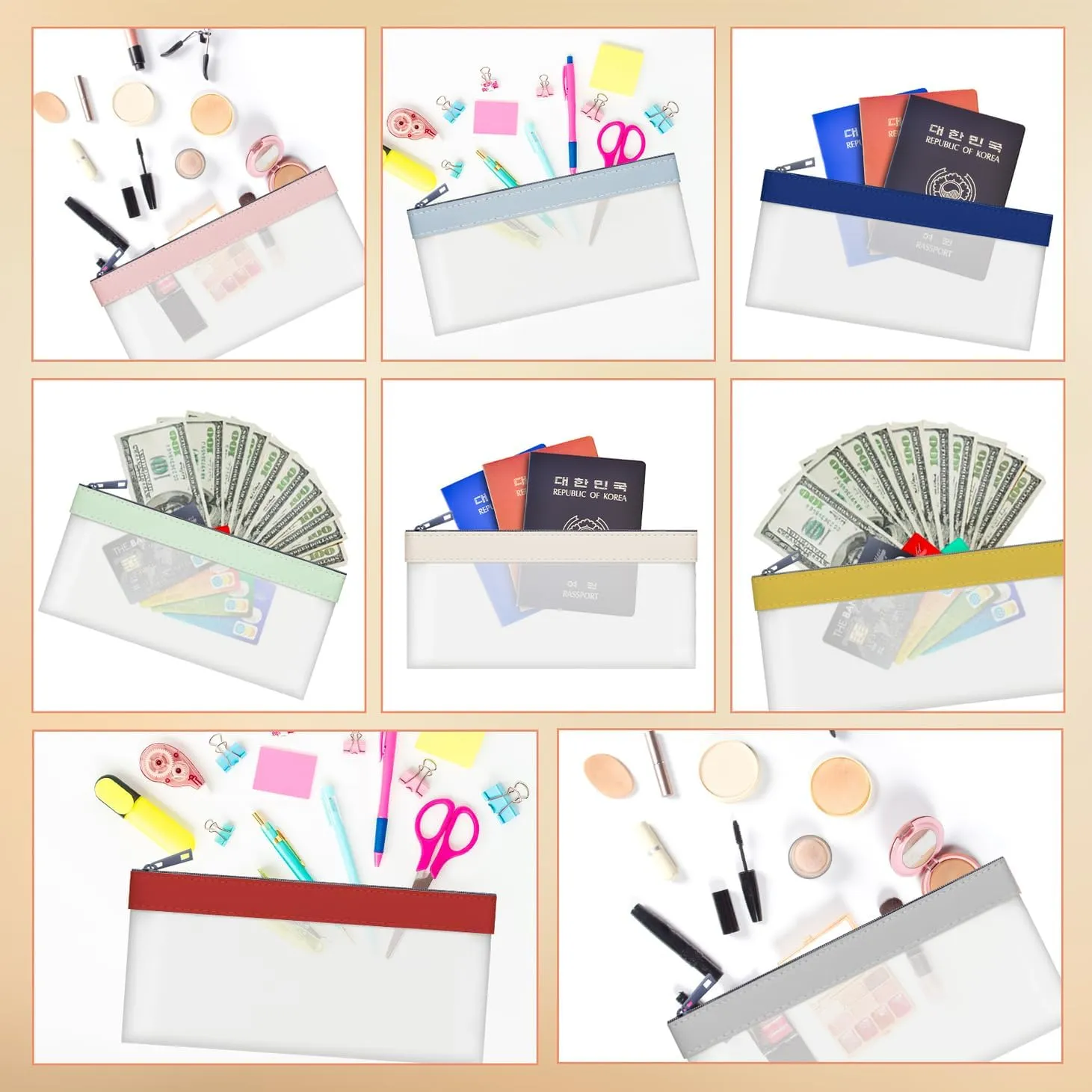 8 Pieces Money Bags with Zipper, Cash Envelopes,7.6 x 3.7 inch Money Pouch, Clear Bank Deposit Bags, Bank Bag, Cash Bag, Coin Bag for Collectors, Multi-Purpose Check Wallet （8 Colours）