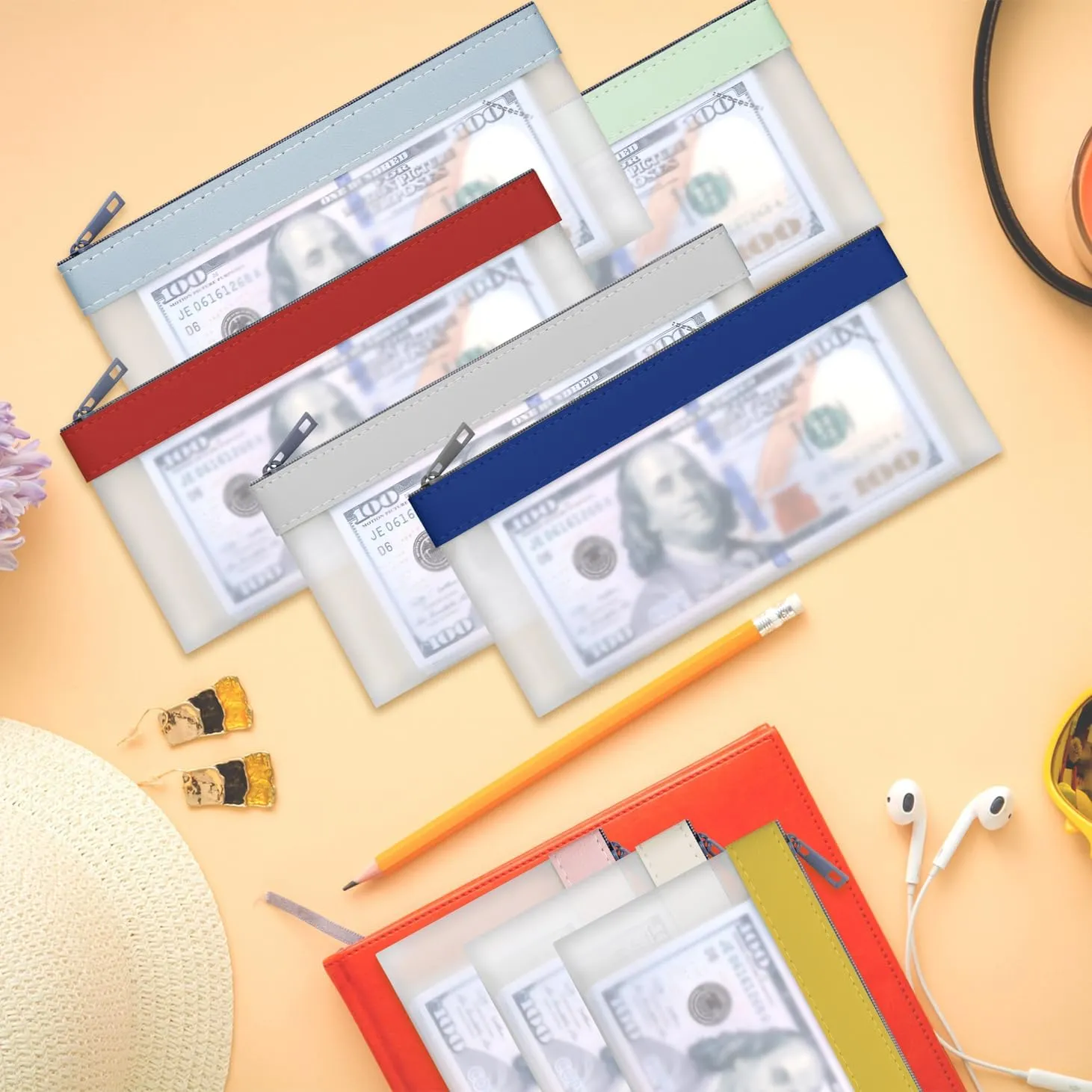 8 Pieces Money Bags with Zipper, Cash Envelopes,7.6 x 3.7 inch Money Pouch, Clear Bank Deposit Bags, Bank Bag, Cash Bag, Coin Bag for Collectors, Multi-Purpose Check Wallet （8 Colours）