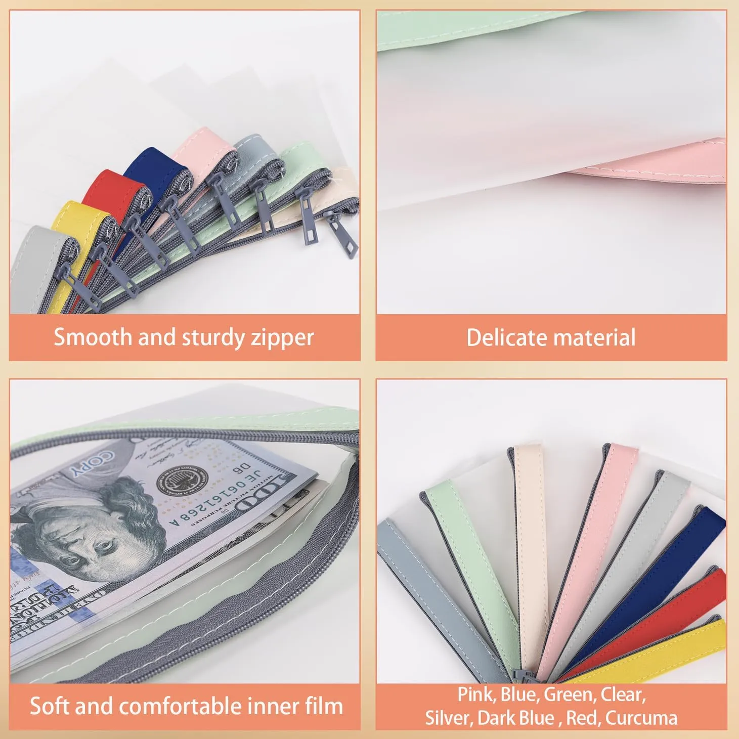 8 Pieces Money Bags with Zipper, Cash Envelopes,7.6 x 3.7 inch Money Pouch, Clear Bank Deposit Bags, Bank Bag, Cash Bag, Coin Bag for Collectors, Multi-Purpose Check Wallet （8 Colours）
