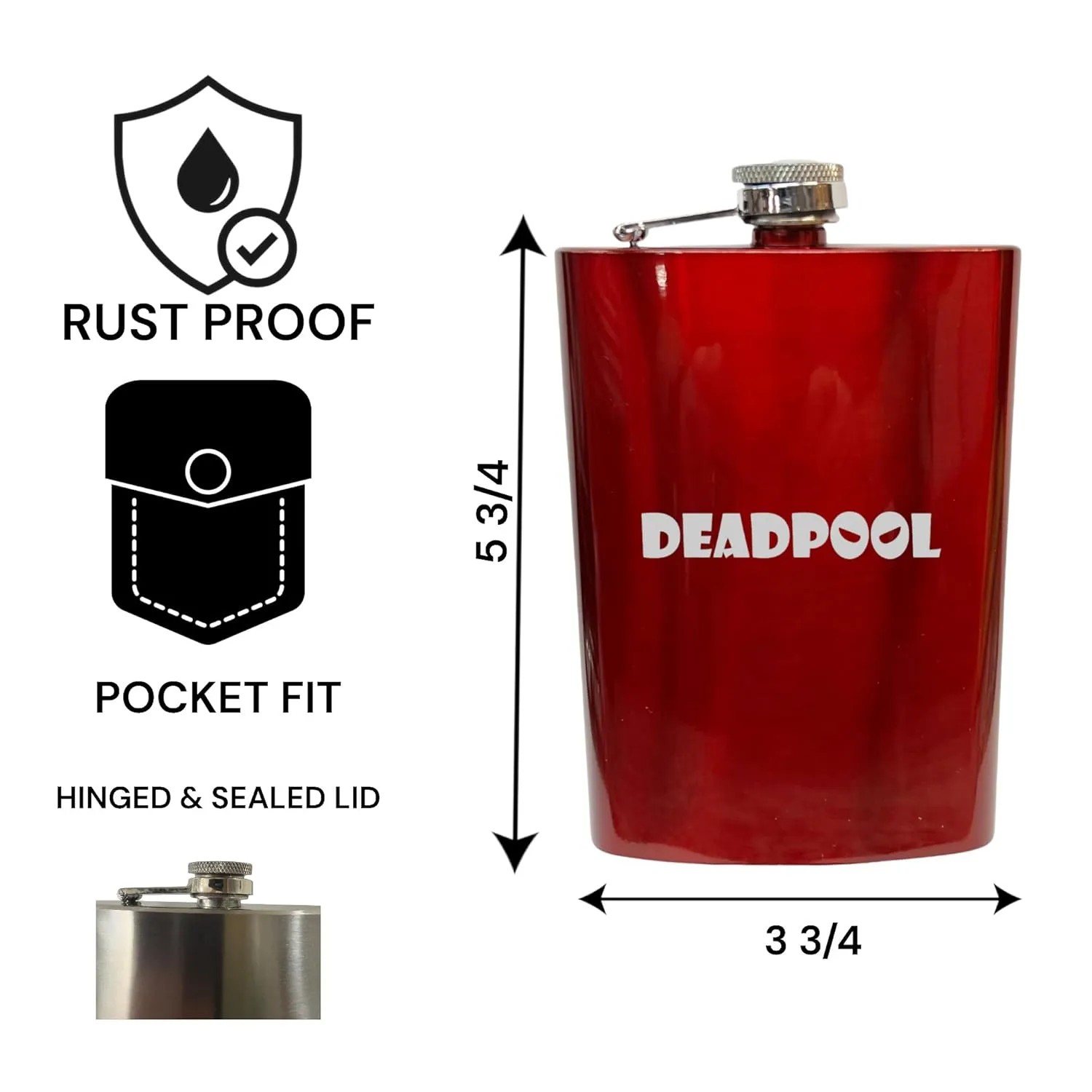 8OZ Deadpool Flask - BLACK, RED, STAINLESS, OR 6OZ LEATHER (8OZ RED FLASK)