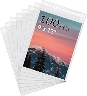 Acid-Free Picture Sleeves, 100Pack Crystal Clear Storage Bags for 9x12 Art Prints, Pictures, Photos, Frame Mats (Bag Size: 9 1/4" x 12 3/8")