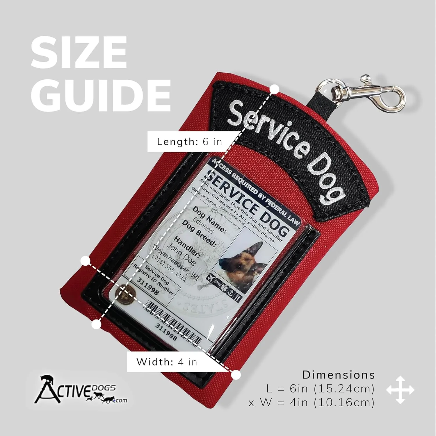 ActiveDogs Service Dog ID Card Pouch - Clip On Identification Badge Display Tag Holder & Carrier with Zippered Pocket for Small Bag Items - Made in USA, 5" x 4", Black