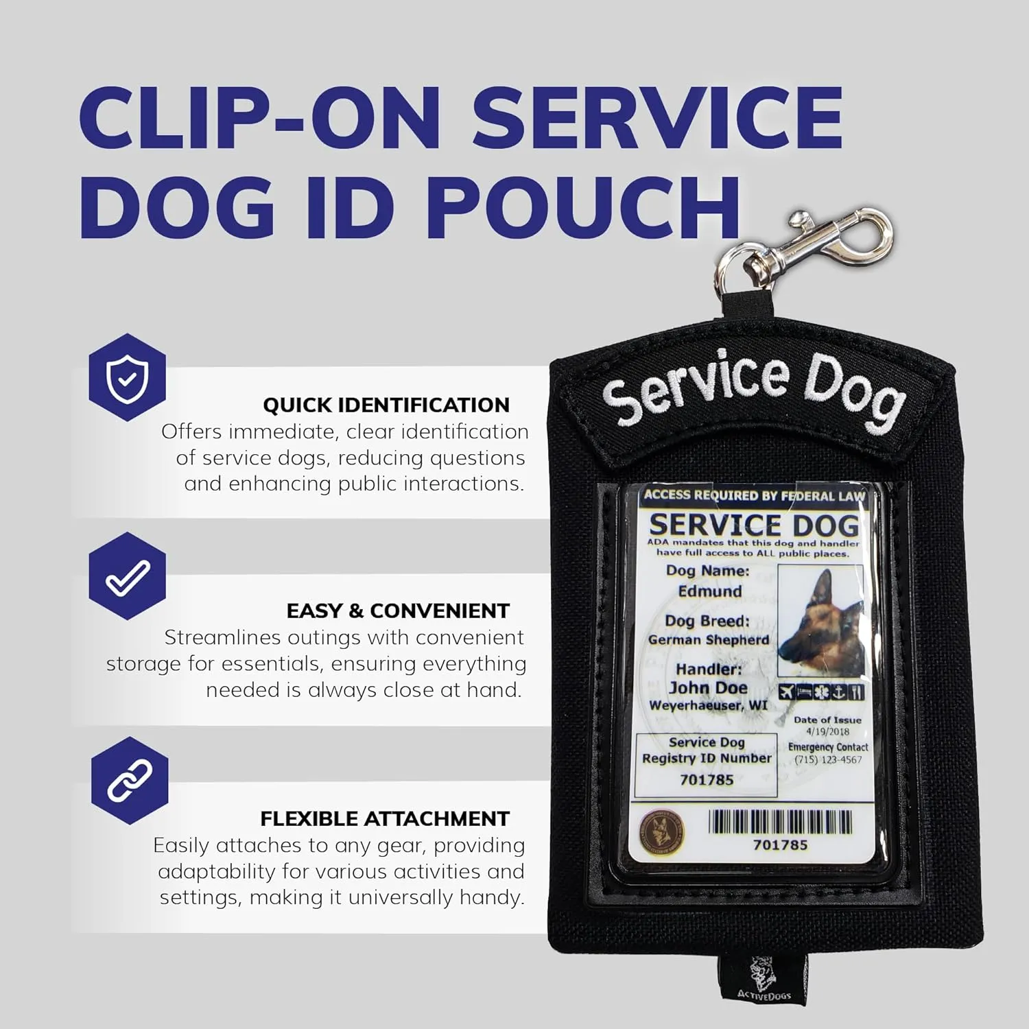 ActiveDogs Service Dog ID Card Pouch - Clip On Identification Badge Display Tag Holder & Carrier with Zippered Pocket for Small Bag Items - Made in USA, 5" x 4", Black