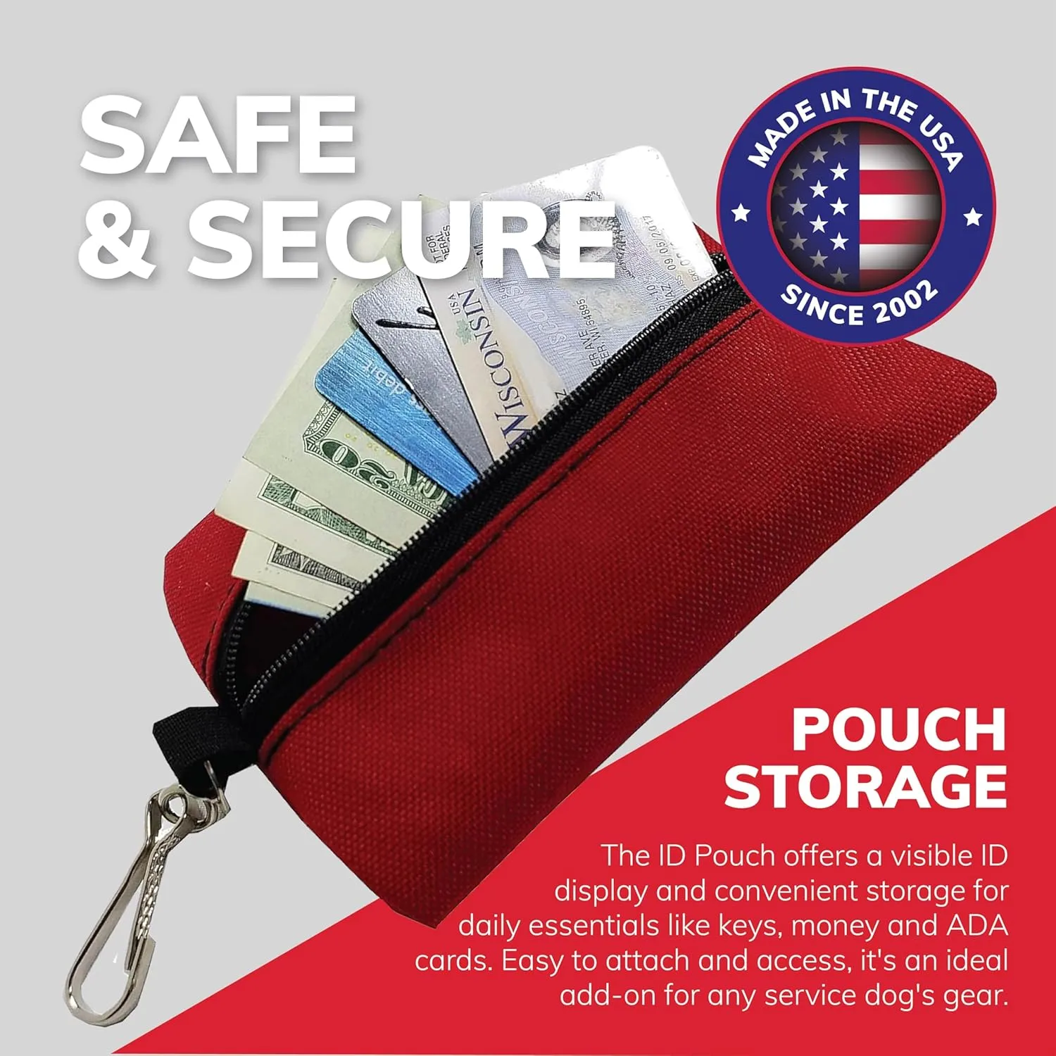 ActiveDogs Service Dog ID Card Pouch - Clip On Identification Badge Display Tag Holder & Carrier with Zippered Pocket for Small Bag Items - Made in USA, 5" x 4", Black