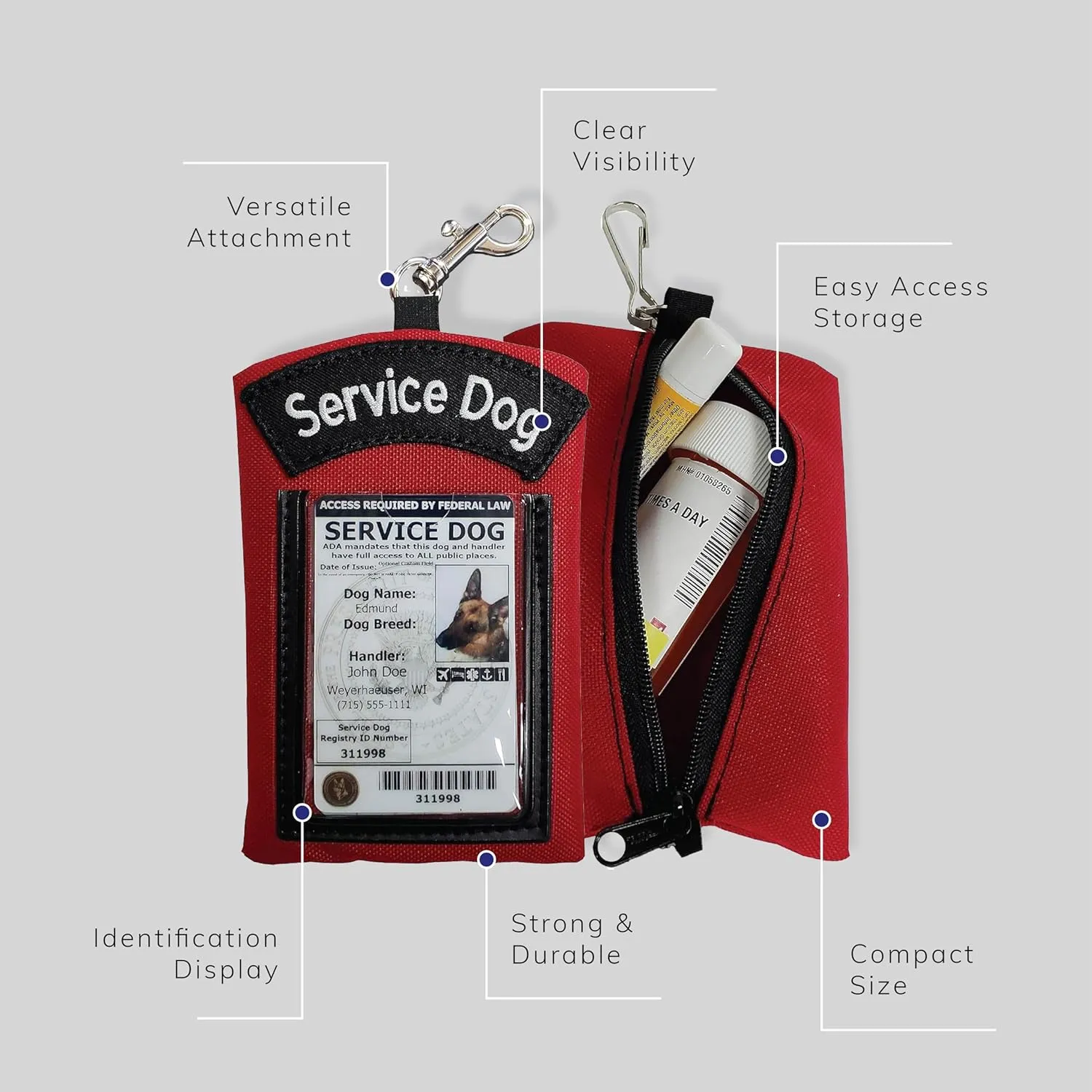 ActiveDogs Service Dog ID Card Pouch - Clip On Identification Badge Display Tag Holder & Carrier with Zippered Pocket for Small Bag Items - Made in USA, 5" x 4", Black