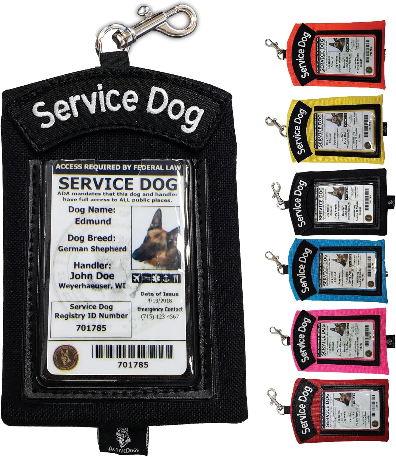 ActiveDogs Service Dog ID Card Pouch - Clip On Identification Badge Display Tag Holder & Carrier with Zippered Pocket for Small Bag Items - Made in USA, 5" x 4", Black