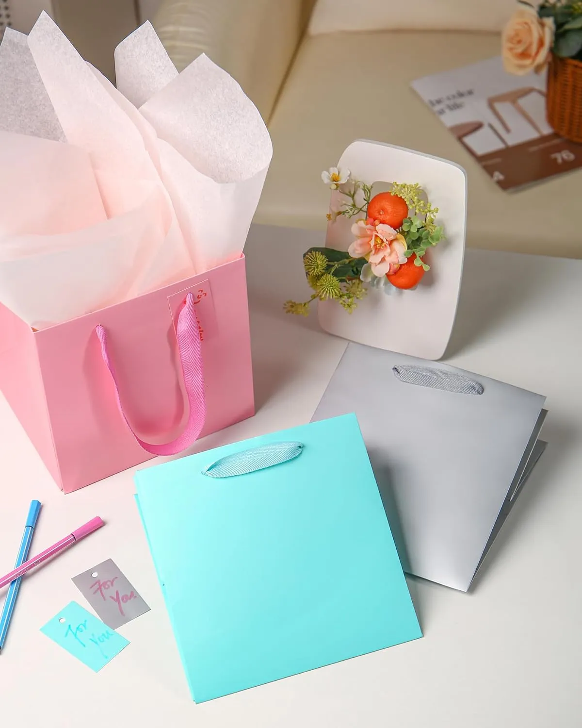 ADIDO EVA 10Pcs White Square Gift Bags with Tissue Paper Small Solid Square Gift Bags with Handles for Party Favor (8x8x8 In, White)