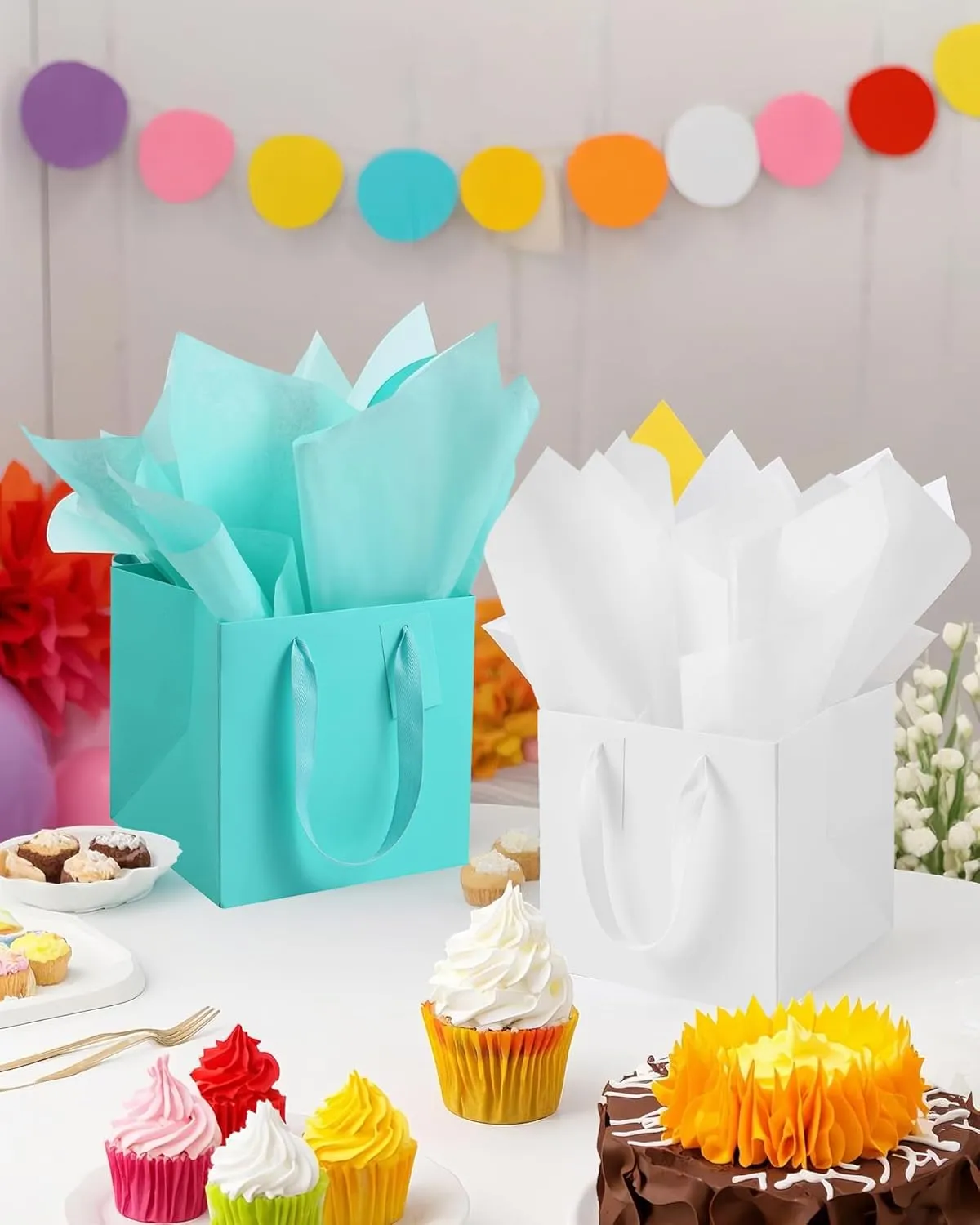ADIDO EVA 10Pcs White Square Gift Bags with Tissue Paper Small Solid Square Gift Bags with Handles for Party Favor (8x8x8 In, White)