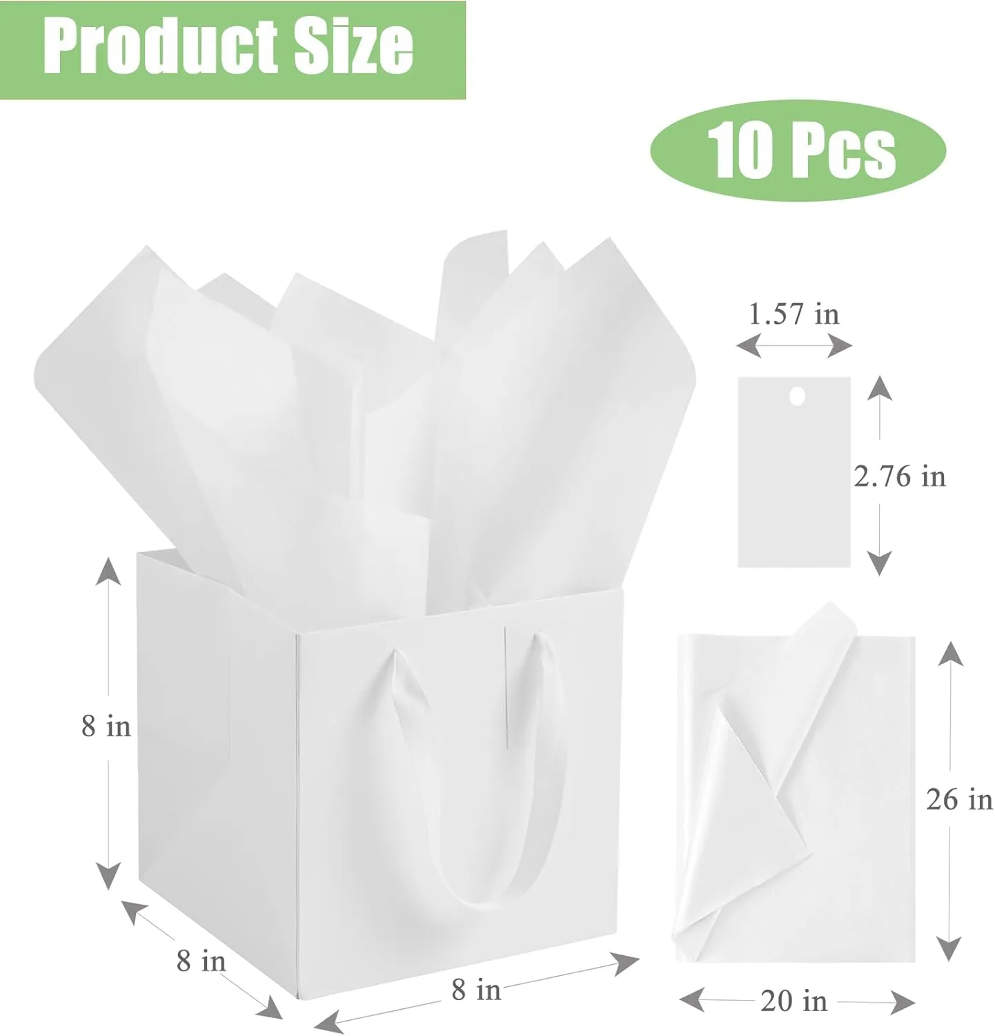 ADIDO EVA 10Pcs White Square Gift Bags with Tissue Paper Small Solid Square Gift Bags with Handles for Party Favor (8x8x8 In, White)