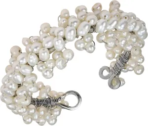 AeraVida Adjustable Cluster Cuff Bracelet with Cultured Freshwater Pearls | Handmade Beach Chic Jewelry | 25mm Wide White Pearl Summer Accessory