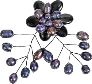 AeraVida Glamorous Classy Polished Reconstructed Black Agate Stone and Cultured Freshwater Pearl Floral Brooch Pin