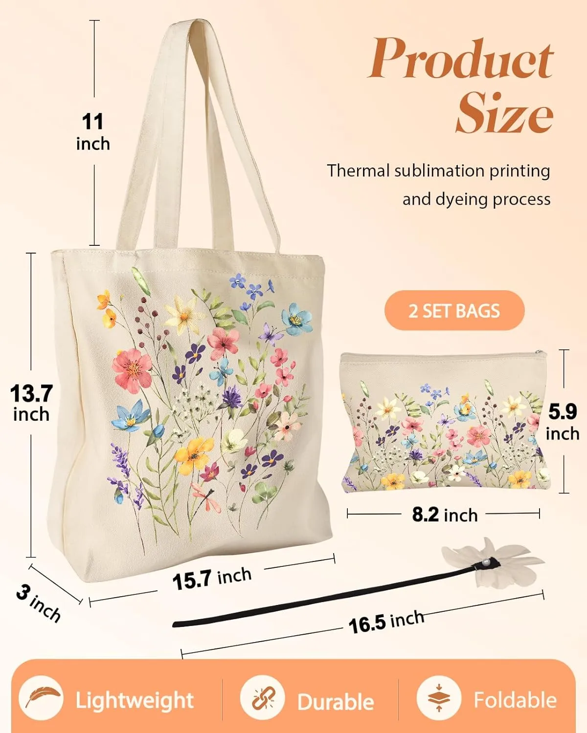 Aesthetic 2 Pack Canvas Tote Bag - with Makeup Pouch Bag for Women Reusable Grocery Bag for Gym, Travel, Work