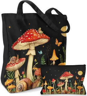Aesthetic 2 Pack Canvas Tote Bag - with Makeup Pouch Bag for Women Reusable Grocery Bag for Gym, Travel, Work