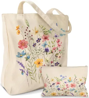 Aesthetic 2 Pack Canvas Tote Bag - with Makeup Pouch Bag for Women Reusable Grocery Bag for Gym, Travel, Work
