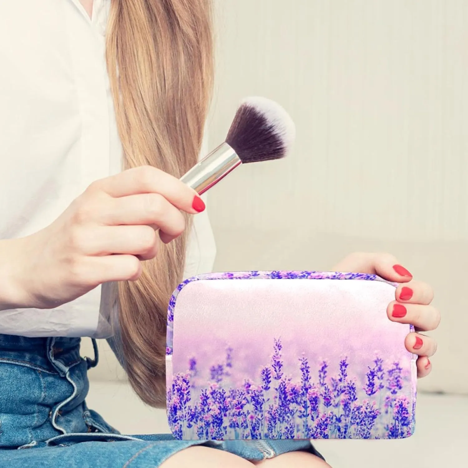 Aesthetic Purple Lavender Flower Floral Field Small Makeup Bags for Women Teen Girls, Makeup Storage Bag with Zipper Accessories Organizer Bag for Travelling