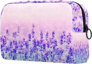 Aesthetic Purple Lavender Flower Floral Field Small Makeup Bags for Women Teen Girls, Makeup Storage Bag with Zipper Accessories Organizer Bag for Travelling