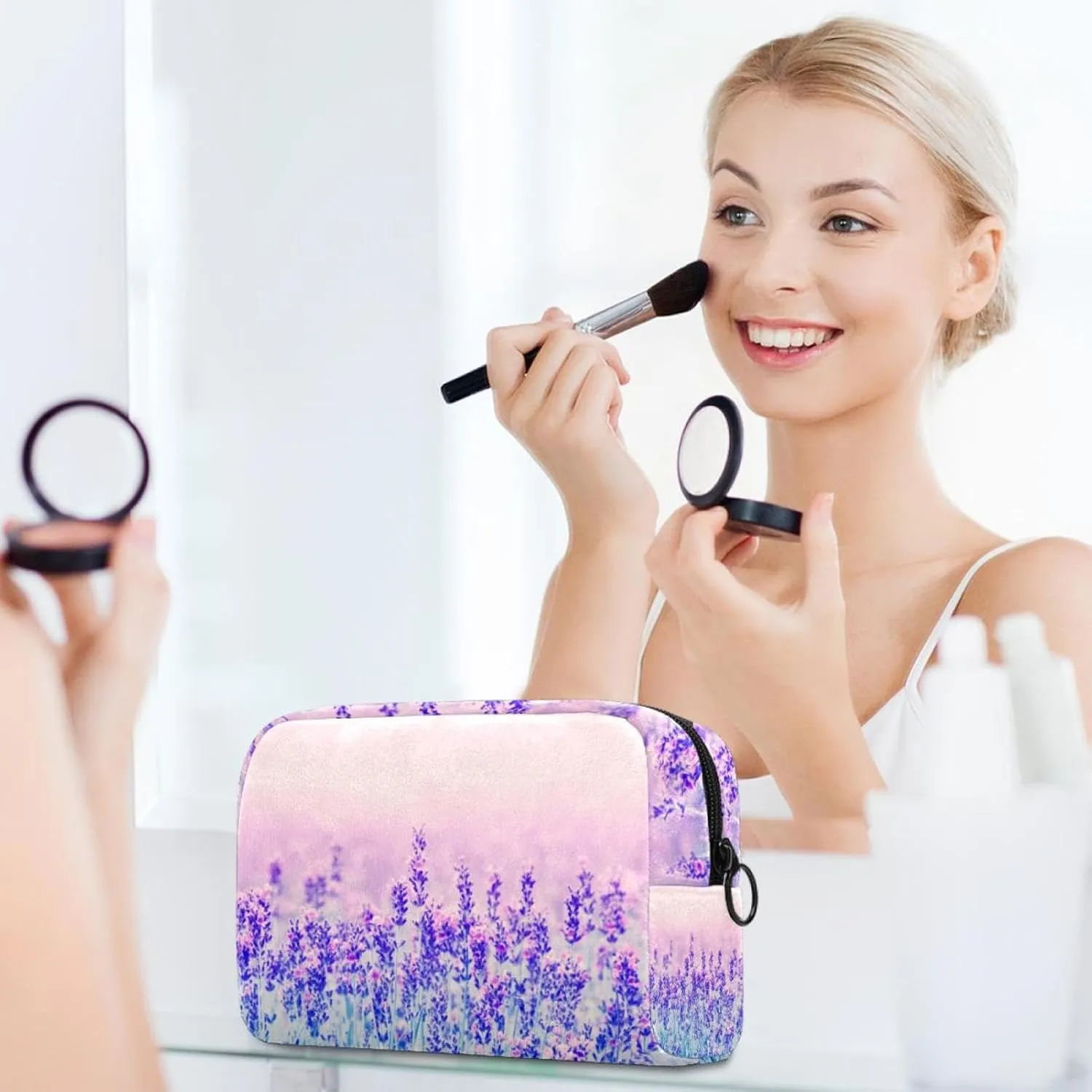 Aesthetic Purple Lavender Flower Floral Field Small Makeup Bags for Women Teen Girls, Makeup Storage Bag with Zipper Accessories Organizer Bag for Travelling