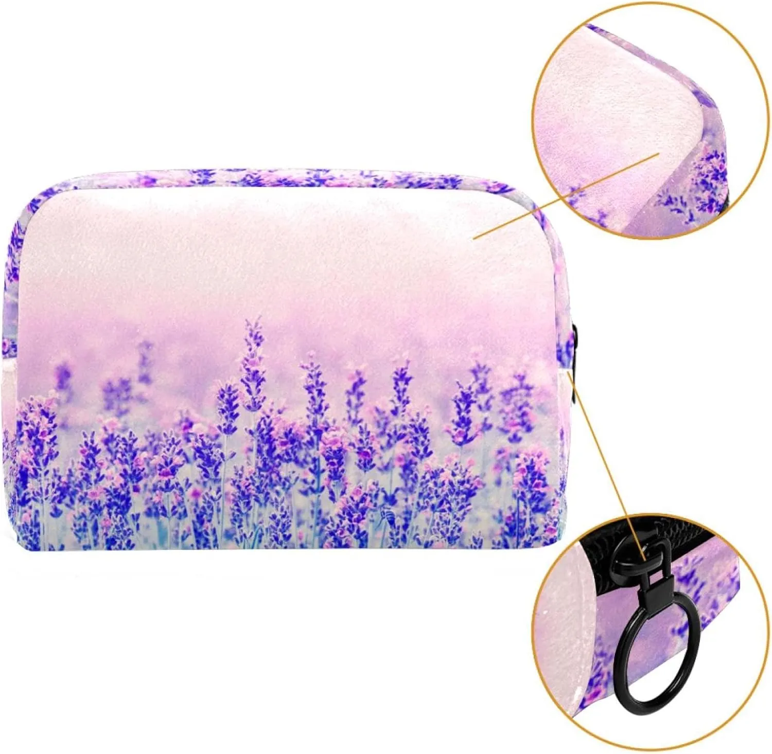Aesthetic Purple Lavender Flower Floral Field Small Makeup Bags for Women Teen Girls, Makeup Storage Bag with Zipper Accessories Organizer Bag for Travelling