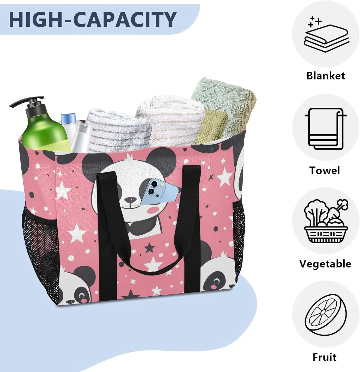 ALAZA Cute Panda and Star on Pink Waterproof Beach Tote Bags