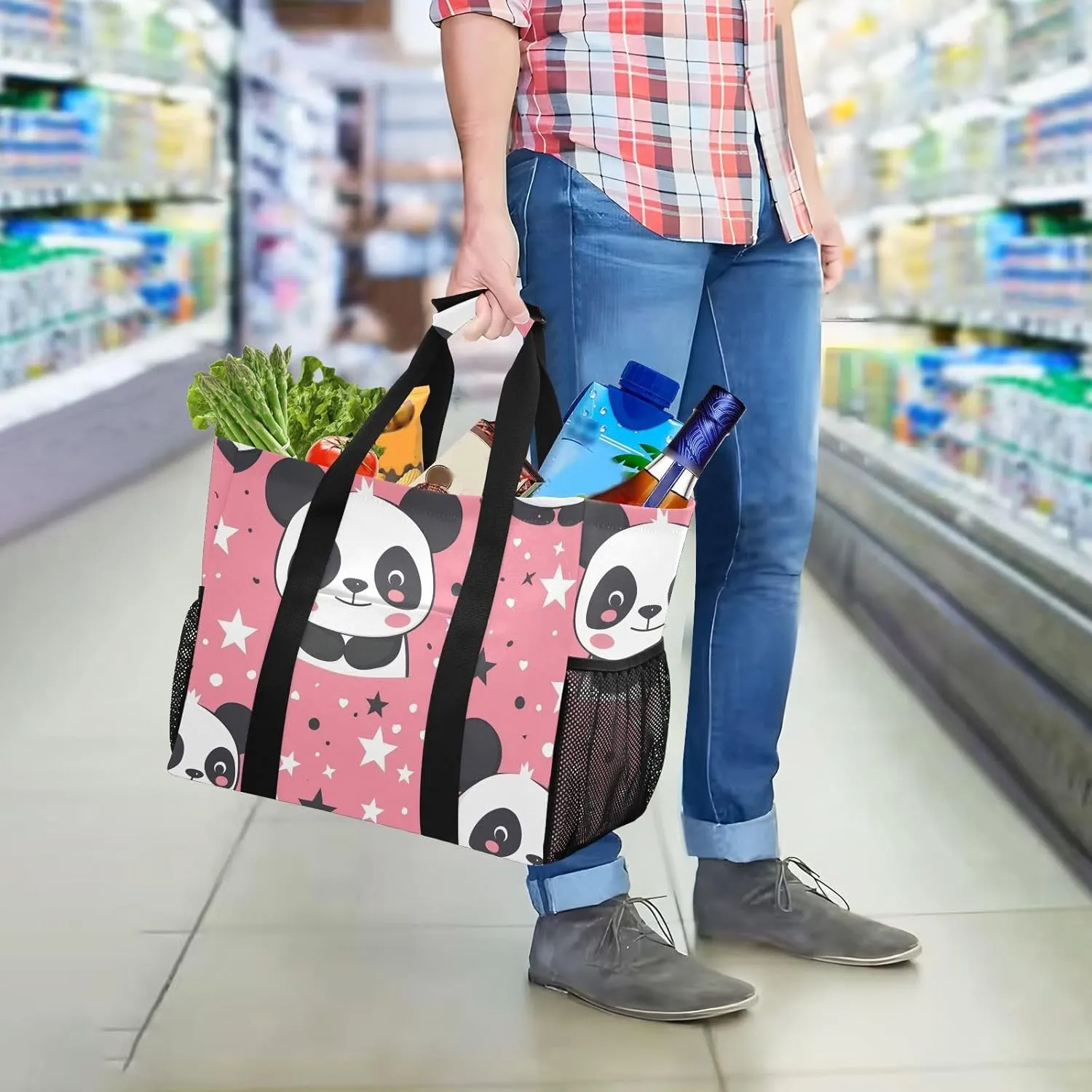 ALAZA Cute Panda and Star on Pink Waterproof Beach Tote Bags