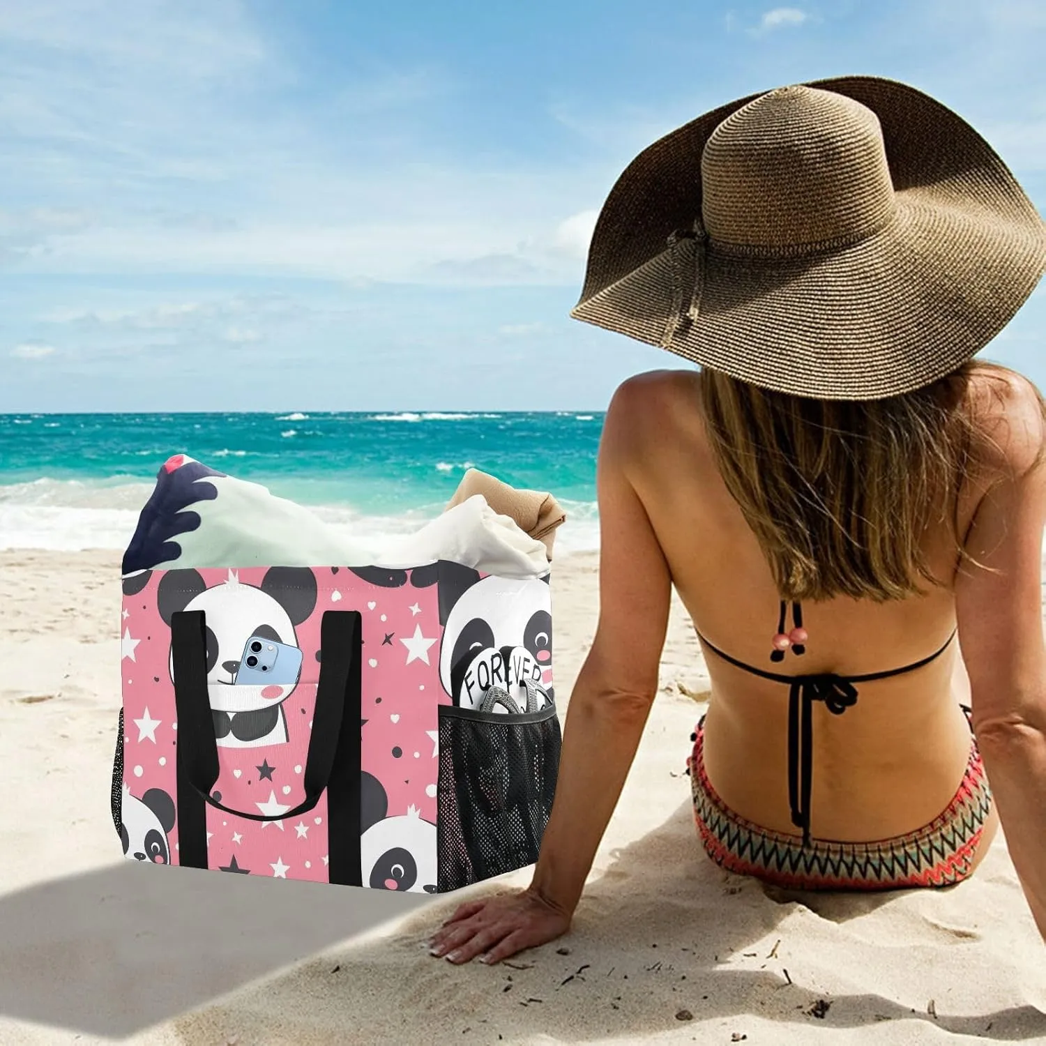 ALAZA Cute Panda and Star on Pink Waterproof Beach Tote Bags