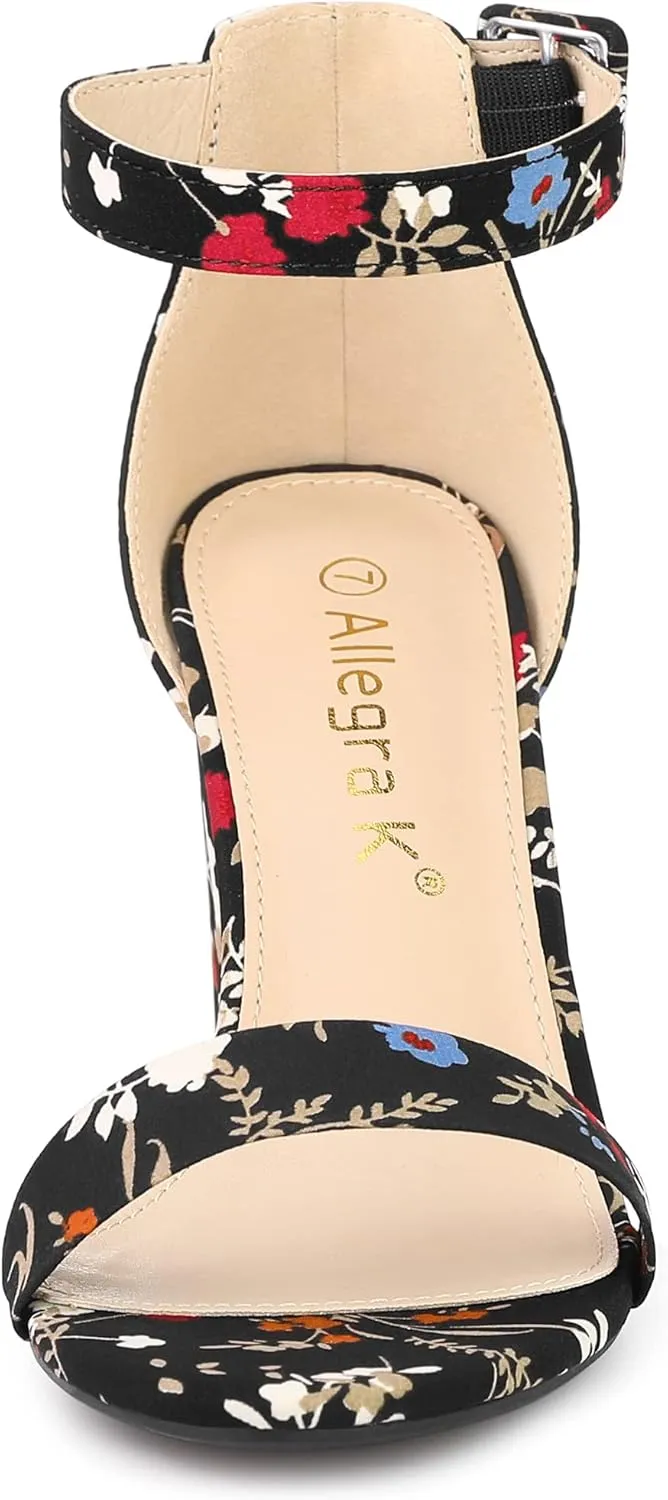 Allegra K Women's Floral Print Open Toe Block High Heels Summer Sandals