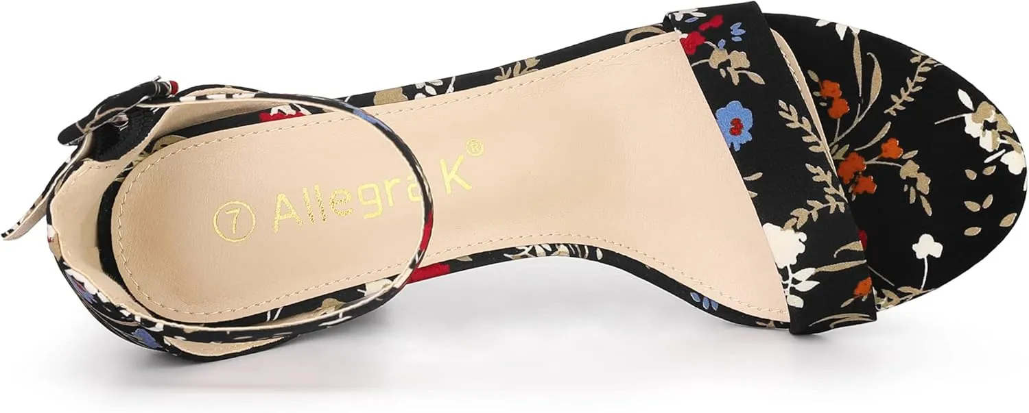 Allegra K Women's Floral Print Open Toe Block High Heels Summer Sandals