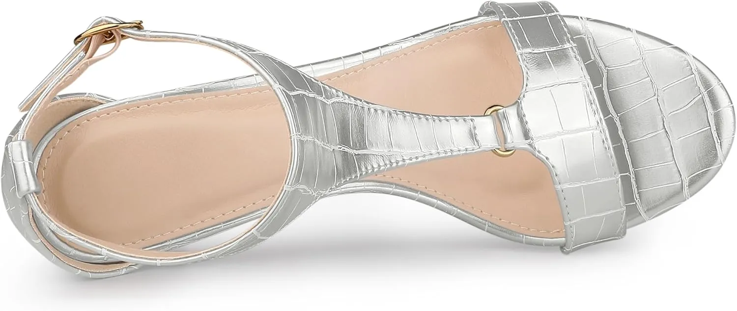 Allegra K Women's t Strap Embossed Kitten Heel Sandals