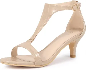 Allegra K Women's t Strap Embossed Kitten Heel Sandals