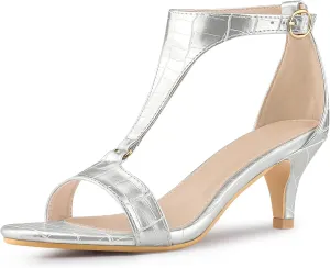 Allegra K Women's t Strap Embossed Kitten Heel Sandals