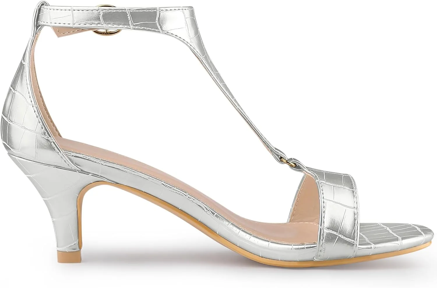 Allegra K Women's t Strap Embossed Kitten Heel Sandals