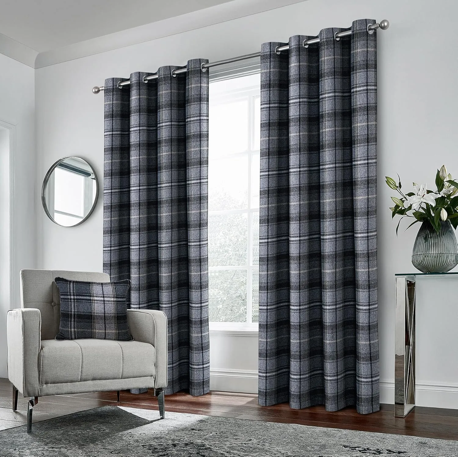 always4u Woolen Look Plaid Curtains Modern Window Panels Black Grey Check Tartan Curtains for Living Room Bedroom 2 Panels Black Grey 54 * 84 Inches