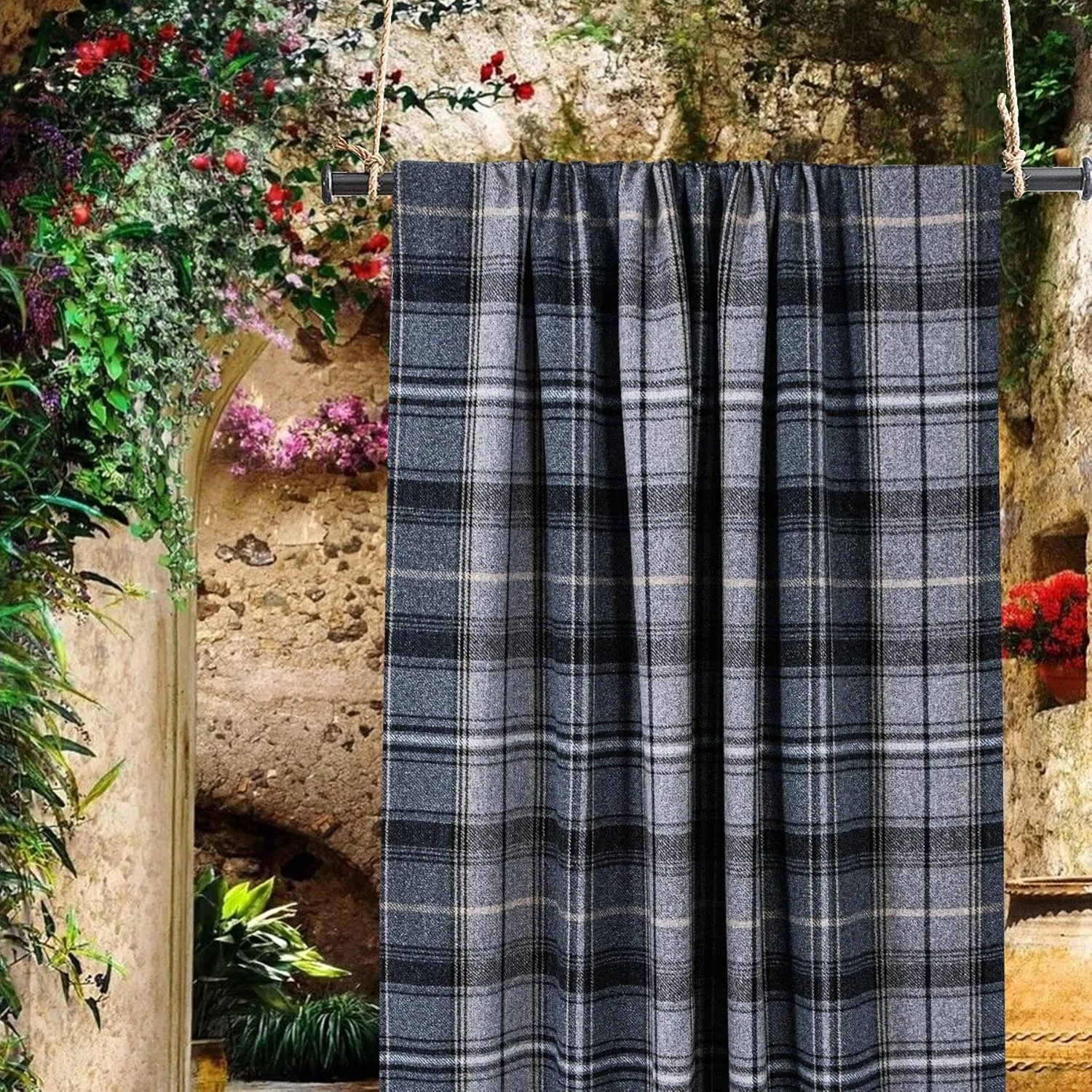 always4u Woolen Look Plaid Curtains Modern Window Panels Black Grey Check Tartan Curtains for Living Room Bedroom 2 Panels Black Grey 54 * 84 Inches