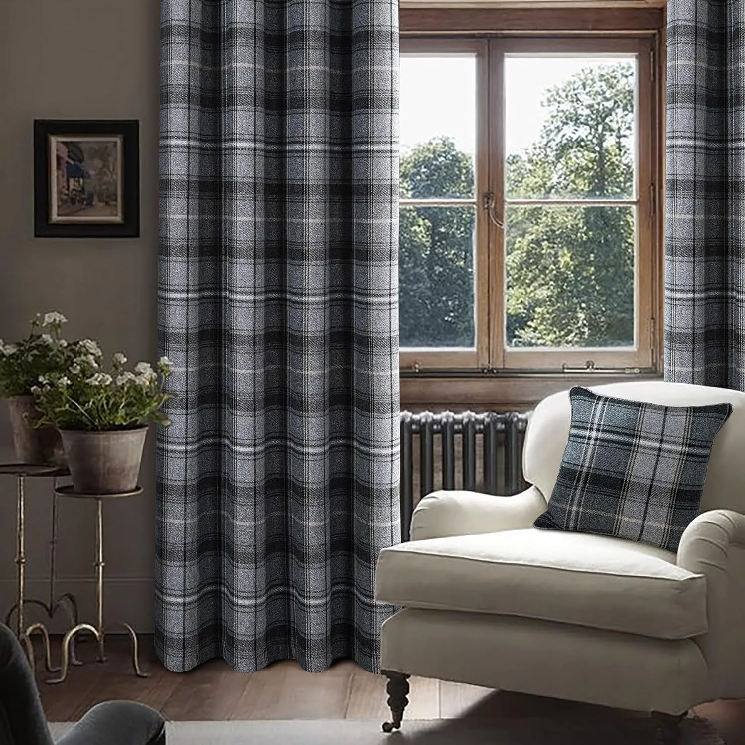 always4u Woolen Look Plaid Curtains Modern Window Panels Black Grey Check Tartan Curtains for Living Room Bedroom 2 Panels Black Grey 54 * 84 Inches