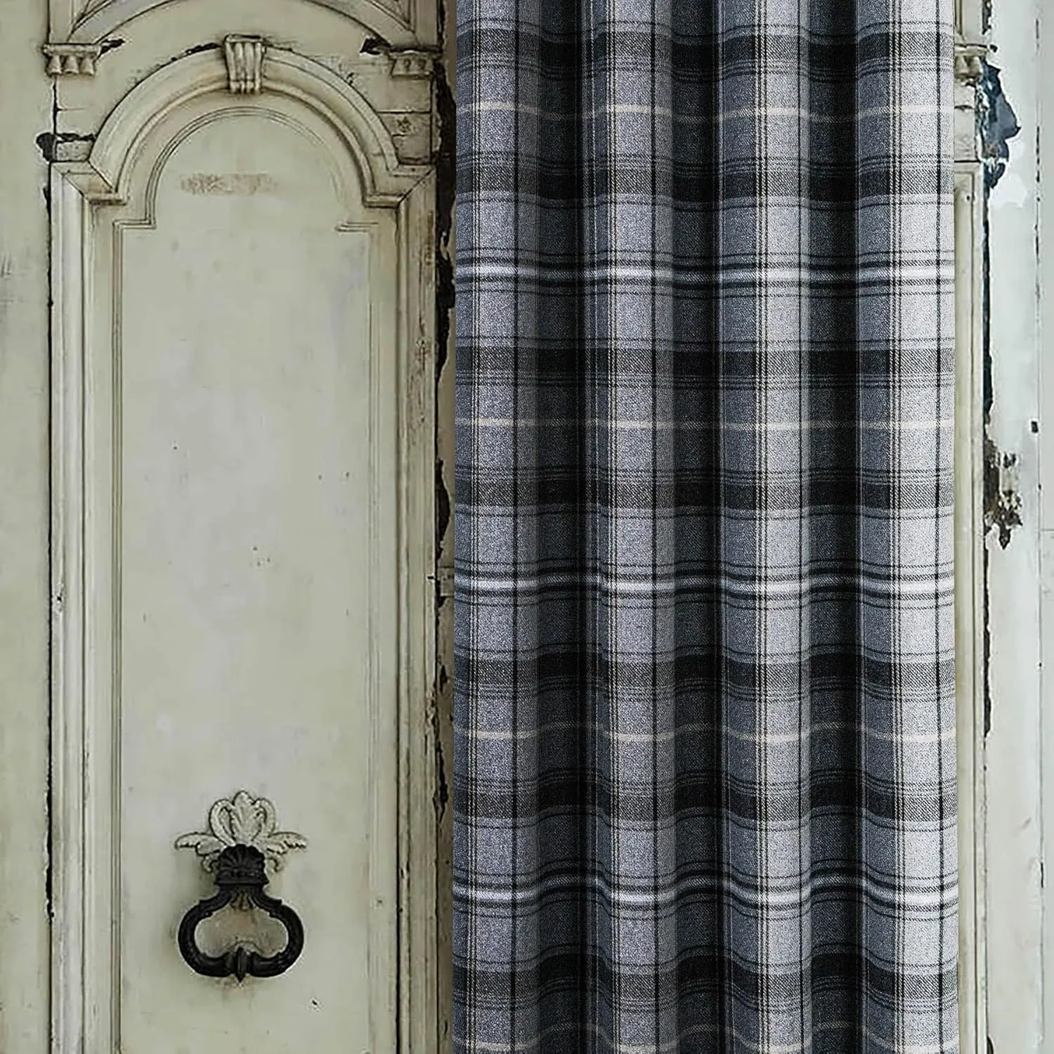 always4u Woolen Look Plaid Curtains Modern Window Panels Black Grey Check Tartan Curtains for Living Room Bedroom 2 Panels Black Grey 54 * 84 Inches