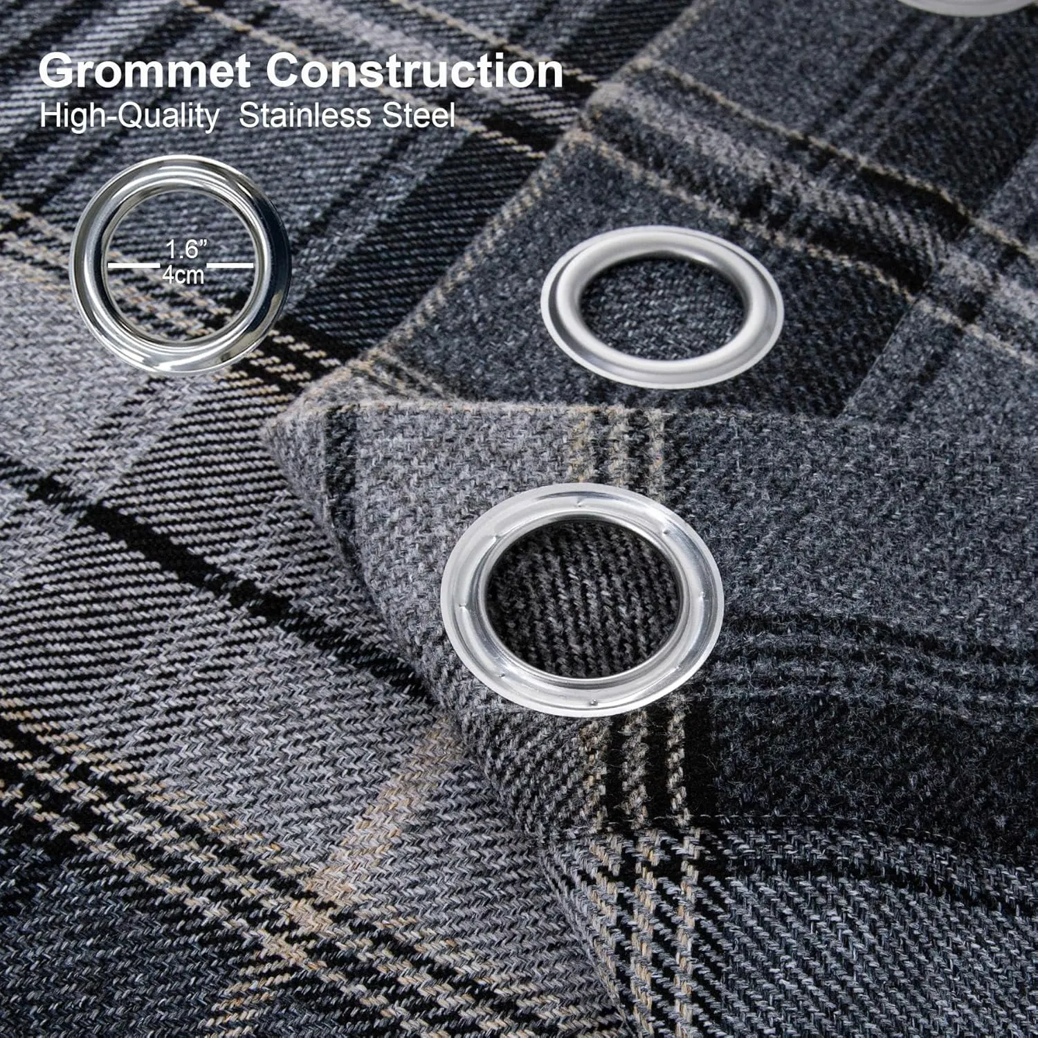 always4u Woolen Look Plaid Curtains Modern Window Panels Black Grey Check Tartan Curtains for Living Room Bedroom 2 Panels Black Grey 54 * 84 Inches