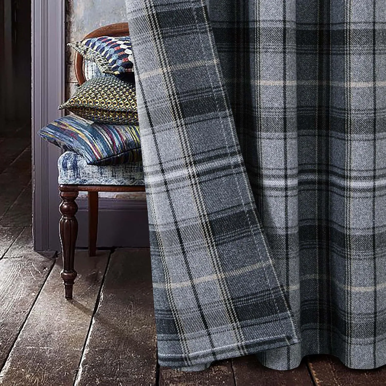 always4u Woolen Look Plaid Curtains Modern Window Panels Black Grey Check Tartan Curtains for Living Room Bedroom 2 Panels Black Grey 54 * 84 Inches