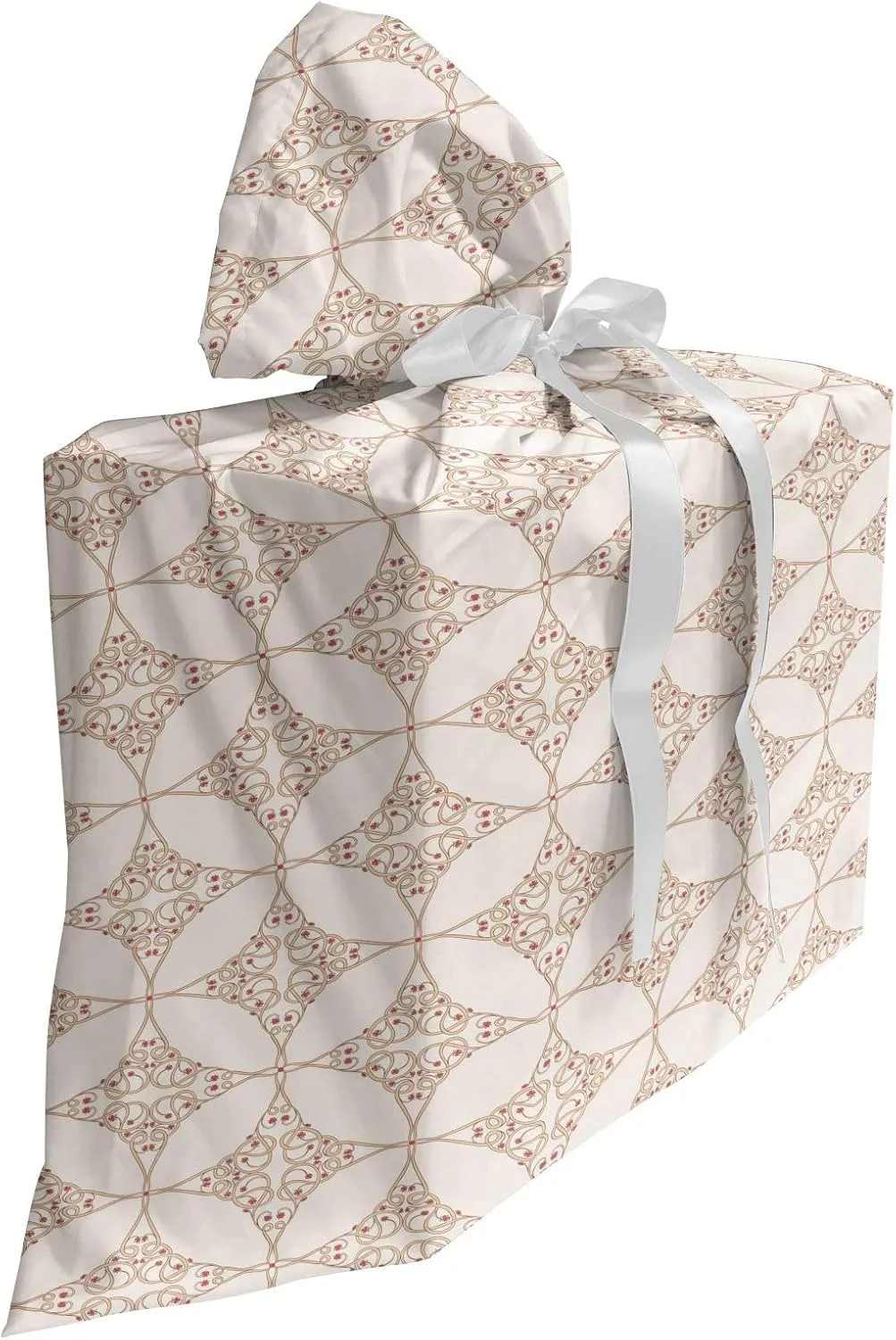 Ambesonne Floral Fabric Gift Bag, Floral Stems and Petals Ornamentation Continuous Knot Circular Form, Present Sack for Parties Birthdays with 3 Ribbons, 27, Beige Dark Coral