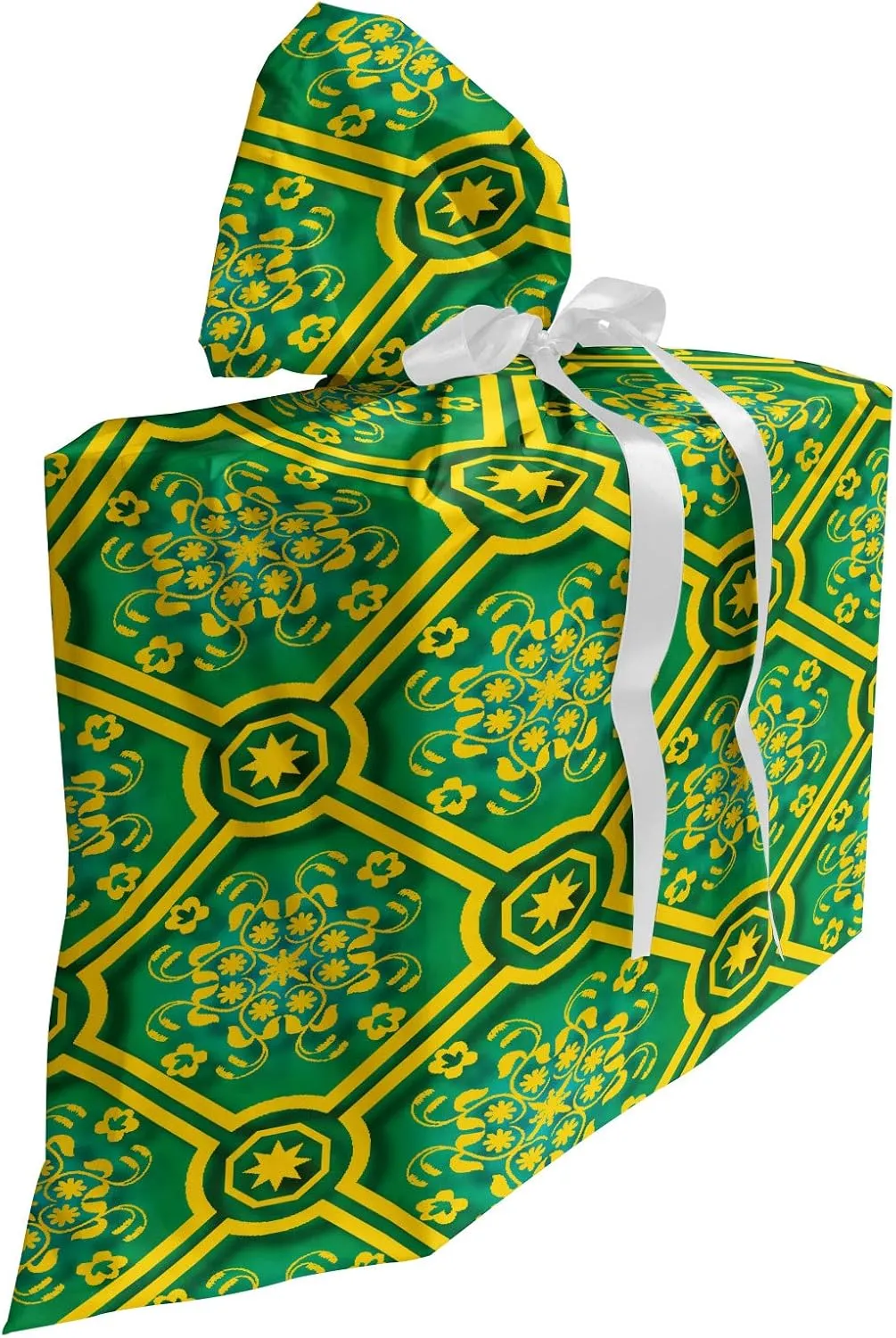 Ambesonne Floral Fabric Gift Bag, Strokes and Motifs in Bicolour Ornamental Details Pattern, Present Sack for Parties Birthdays with 3 Ribbons, 27, Jade Green Earth Yellow