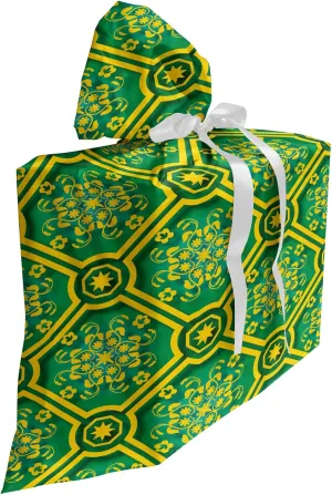 Ambesonne Floral Fabric Gift Bag, Strokes and Motifs in Bicolour Ornamental Details Pattern, Present Sack for Parties Birthdays with 3 Ribbons, 27, Jade Green Earth Yellow
