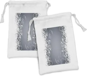 Ambesonne Floral Fabric Pouch Set of 2, Flower Arrangement Contrasting Colors Wildflowers Leaves Stalks Nature Inspirations, Small Drawstring Bag for Toiletries Masks and Favors, 9" x 6", Grey White