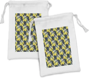 Ambesonne Floral Fabric Pouch Set of 2, Lemon Tree with Flowering Plant Blooms Botany Eco Evergreen Leaves Artwork, Small Drawstring Bag for Toiletries Masks and Favors, 9" x 6", Olive Green Yellow