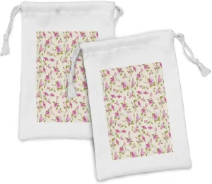 Ambesonne Floral Fabric Pouch Set of 2, Pattern of Blossoming Romantic Flowers with Leaves Vintage Garden Art, Small Drawstring Bag for Toiletries Masks and Favors, 9" x 6", Eggshell Pink and Green