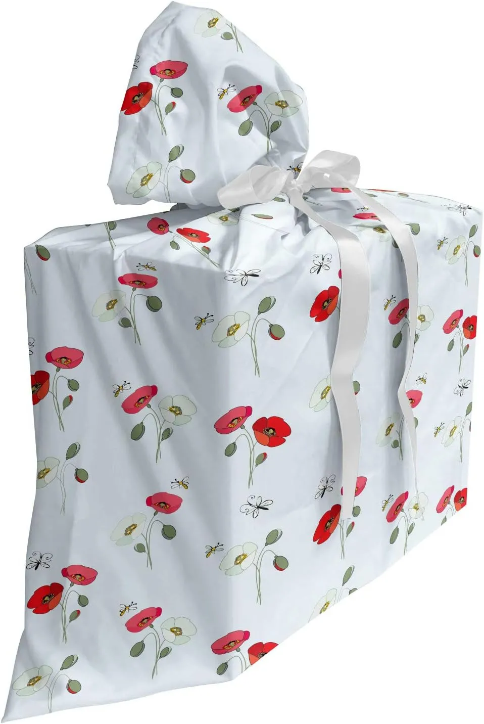 Ambesonne Floral Gift Bag, Rhythmic Flowers and Butterflies Hand Drawn Style Illustration Print, Fabric Party Favor Pouch with 3 Ribbons, 27, Pale Blue Pale Ruby