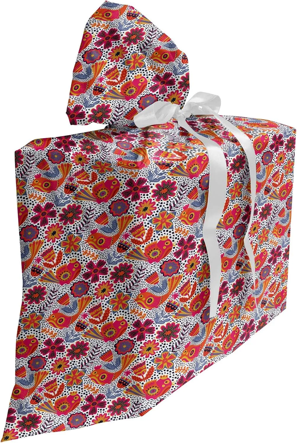 Ambesonne Flower Fabric Gift Bag, Chaotic Design Modernistic Floral Pattern with Abstract Bird Spring Garden, Present Sack for Parties Birthdays with 3 Ribbons, 27, Multicolor