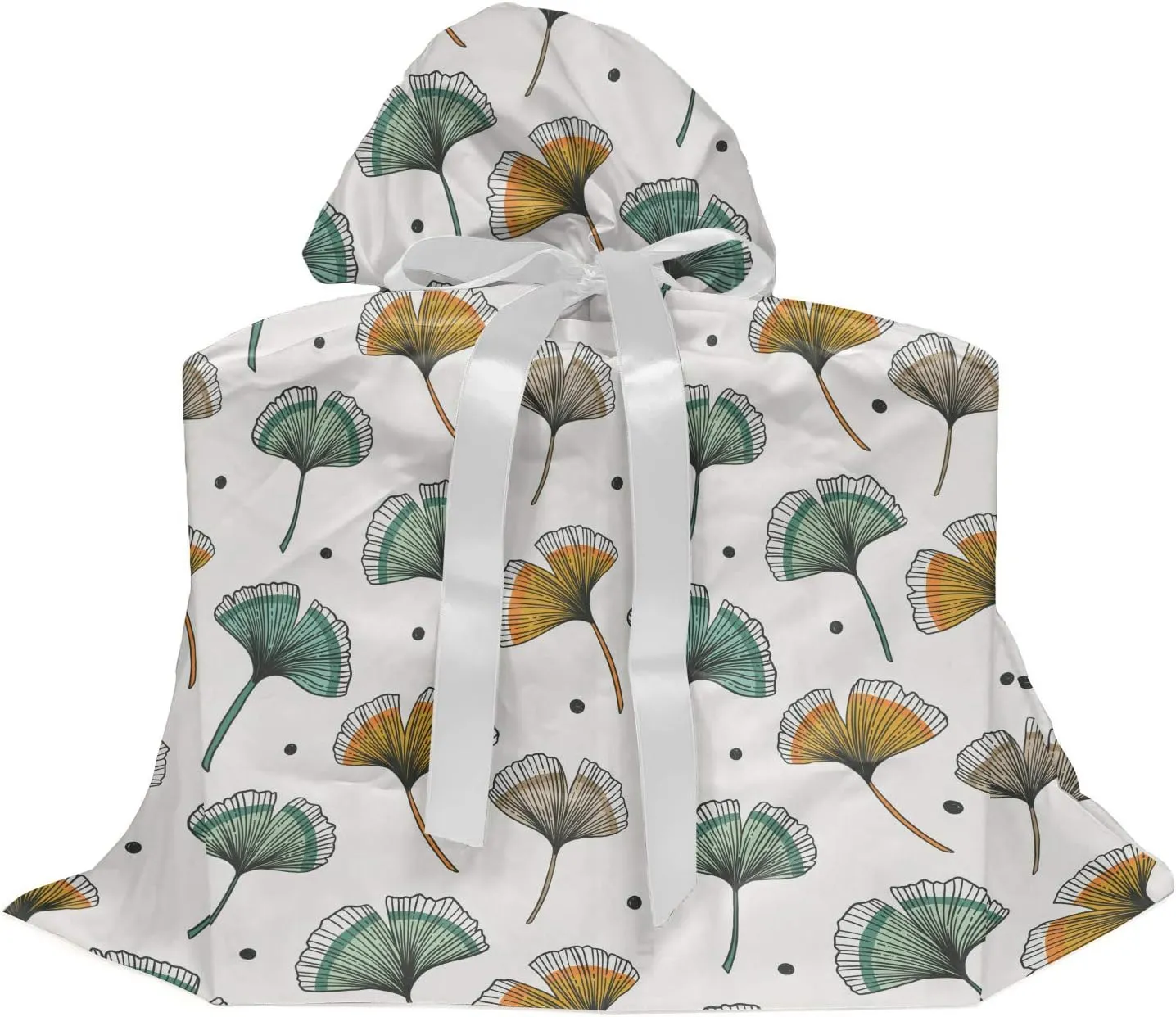 Ambesonne Gingko Gift Bag, Floral Leaves Autumn Beauty Branches Essence of Fall Blooms, Fabric Party Favor Pouch with 3 Ribbons, 27, Forest Green Apricot