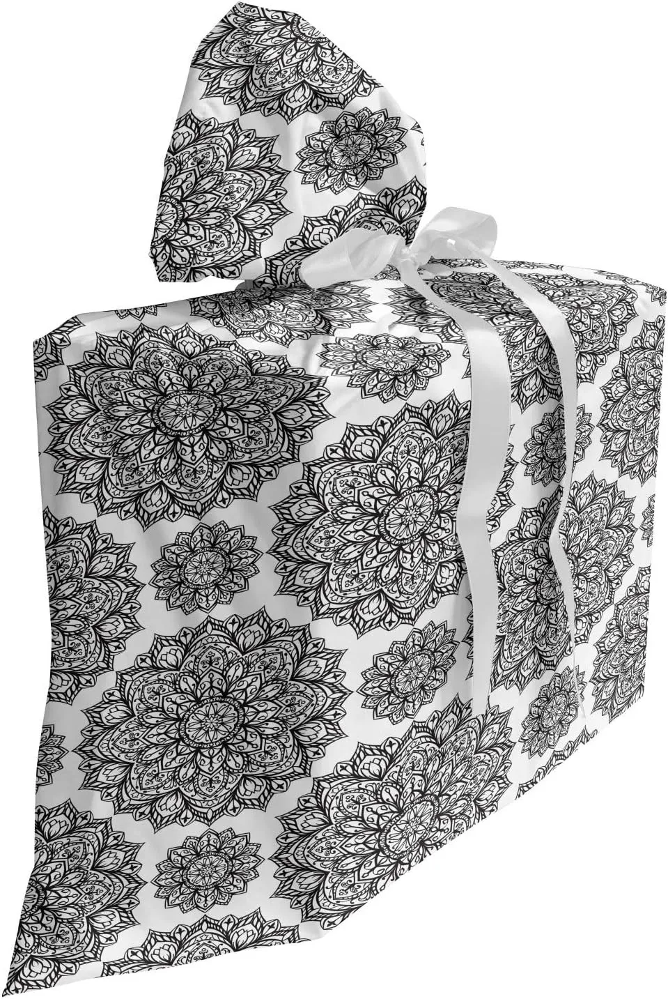 Ambesonne Mandala Gift Bag, Symmetrical Oriental Mandala Pattern Lace Like Ornamental Design, Fabric Party Favor Pouch with 3 Ribbons, 27, Black and White
